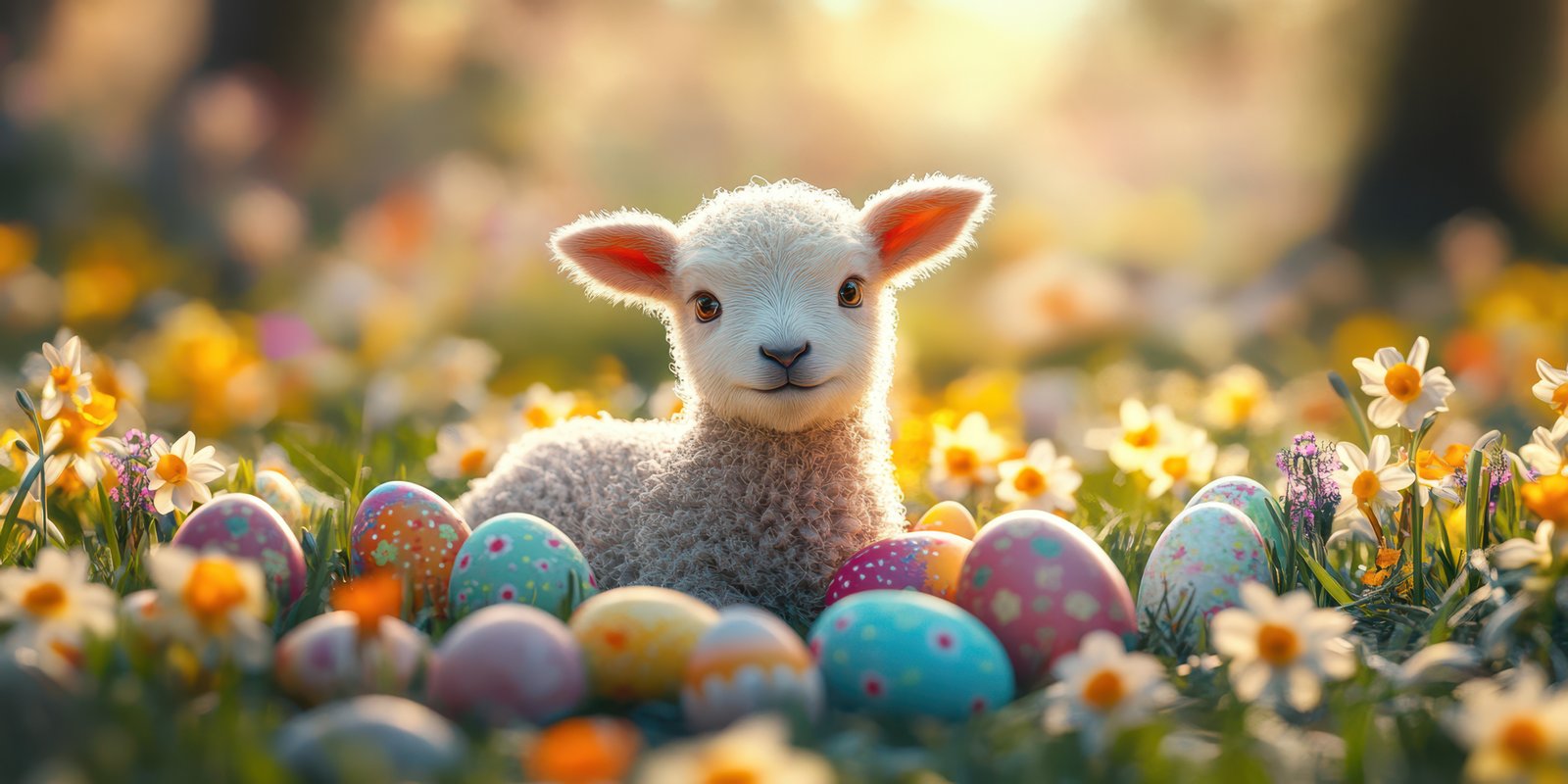 Cute young lamb resting among colorful Easter eggs in a blooming flower meadow during springtime